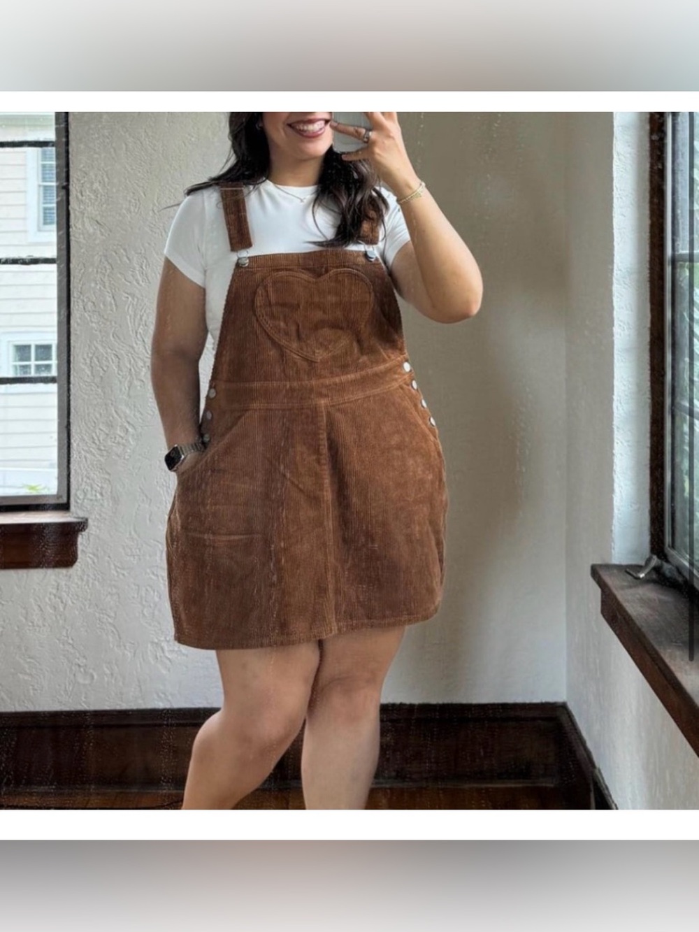 Brown Corduroy Pinafore Mini Dress with Heart Bib